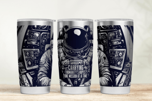 Three tumblers with astronaut design and text on a wooden surface.