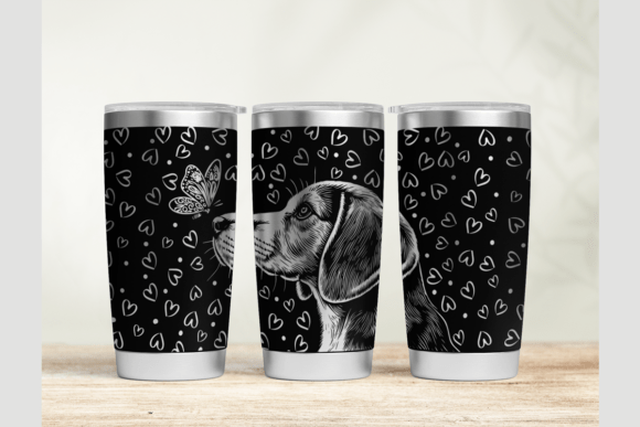 Three black tumblers with beagle designs