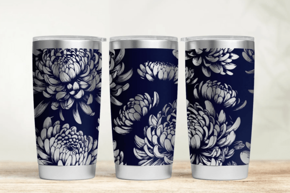 Three tumblers with floral pattern on a wooden surface and light gray background