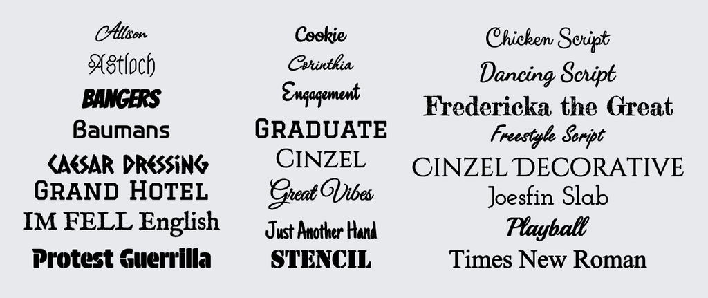 Collection of various font styles displayed on a white background