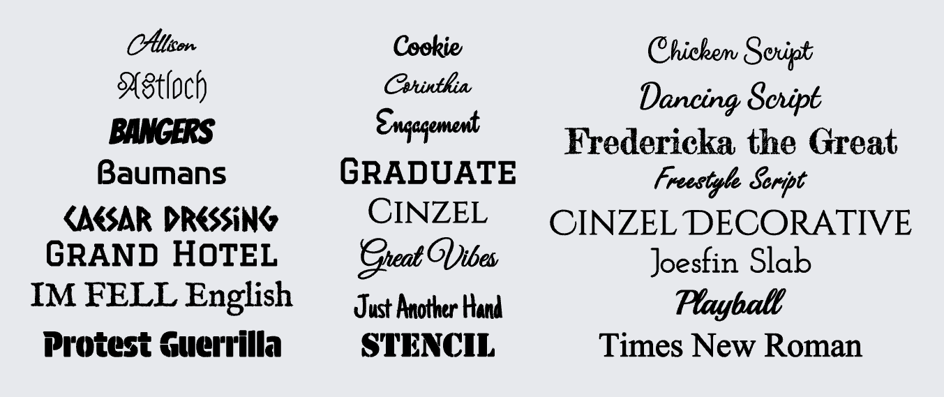 Collection of various font styles displayed on a white background