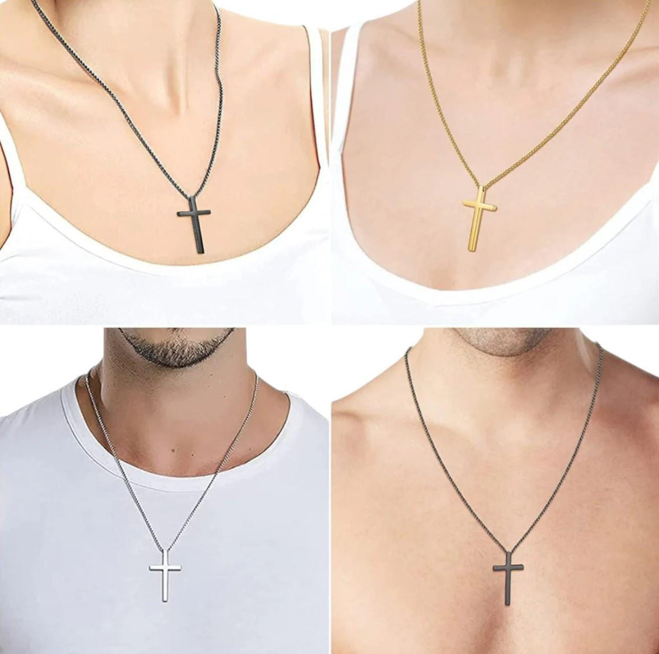 Four different necklaces with cross pendants worn by people on a white background