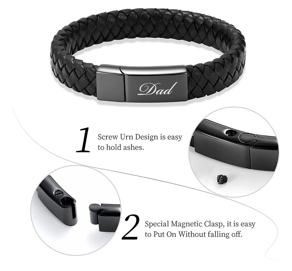 Black braided leather bracelet with a magnetic clasp labeled 'Dad' on a white background.