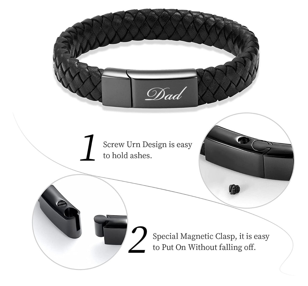 Black braided leather bracelet with a magnetic clasp labeled 'Dad' on a white background.