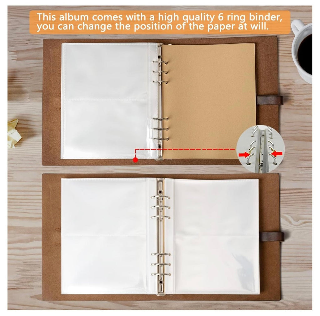 Open ring binder with two pages, one white and one beige, on a wooden surface.