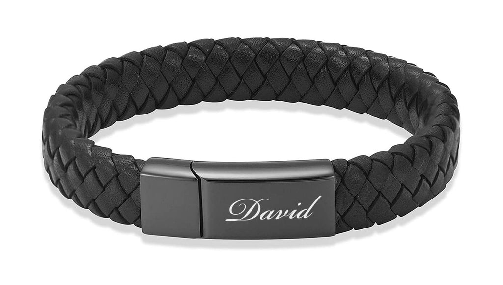 Black braided leather bracelet with a black metal clasp engraved with 'David' on a white background.
