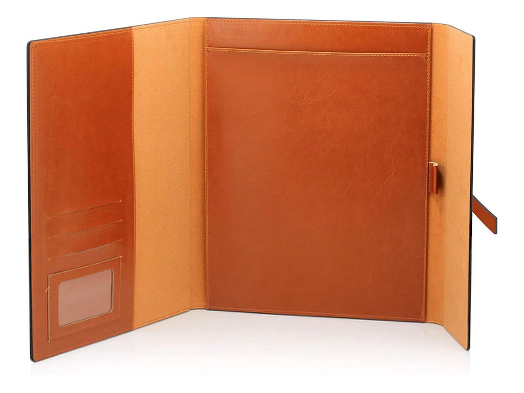 Brown leather menu cover with a flap on a white background