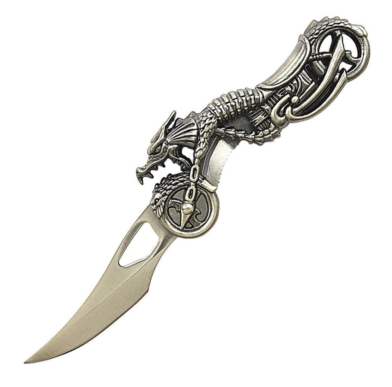 Decorative metal knife with dragon design on a motorcycle