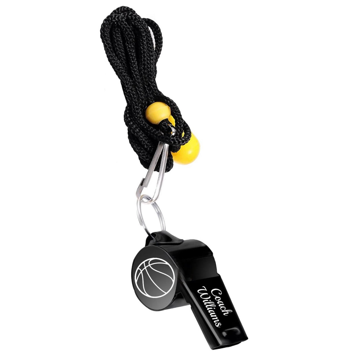 Black basketball coach's whistle with a lanyard on a white background