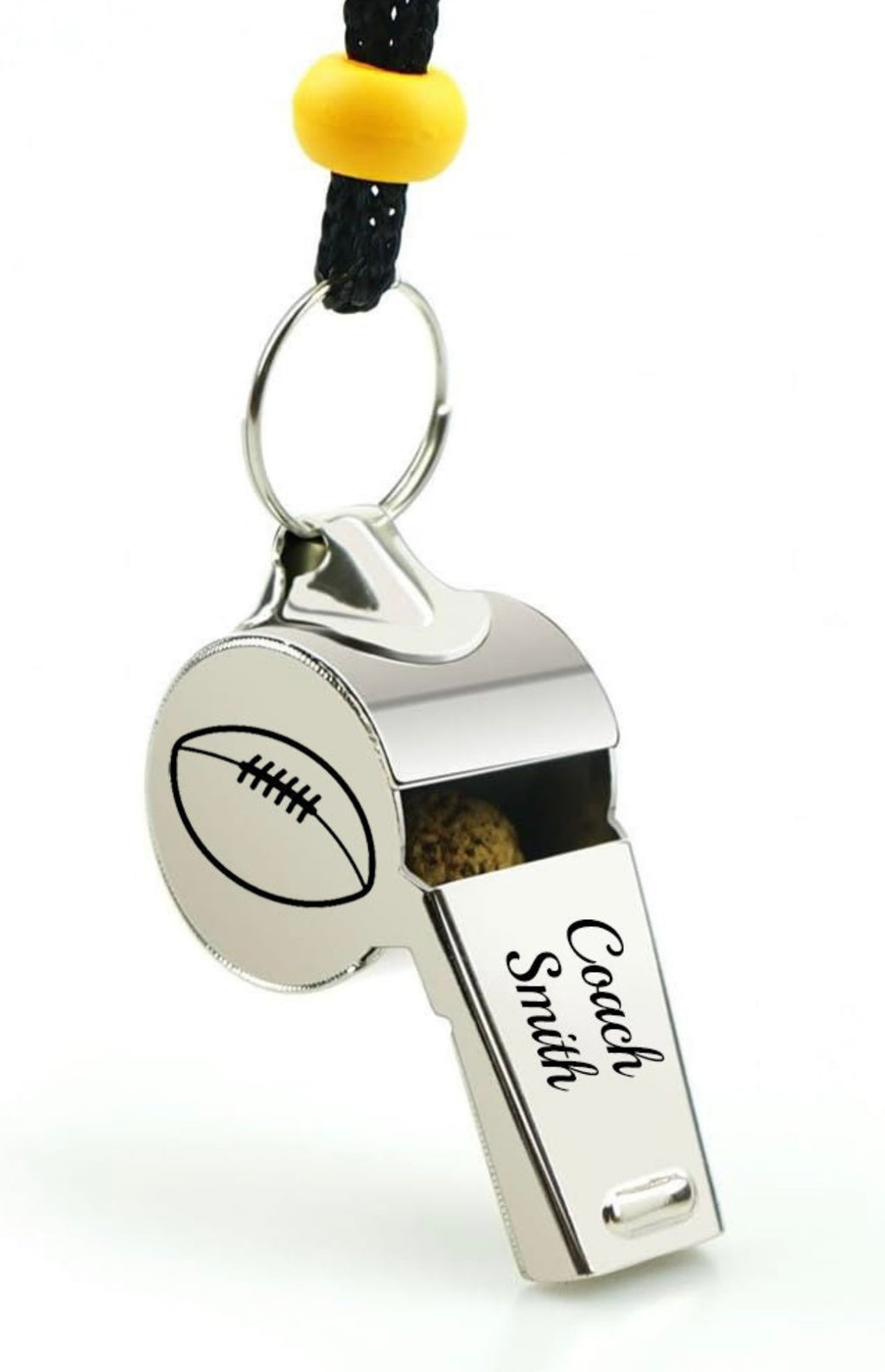 Metallic whistle with football design and 'Coach Smith' engraving on a white background