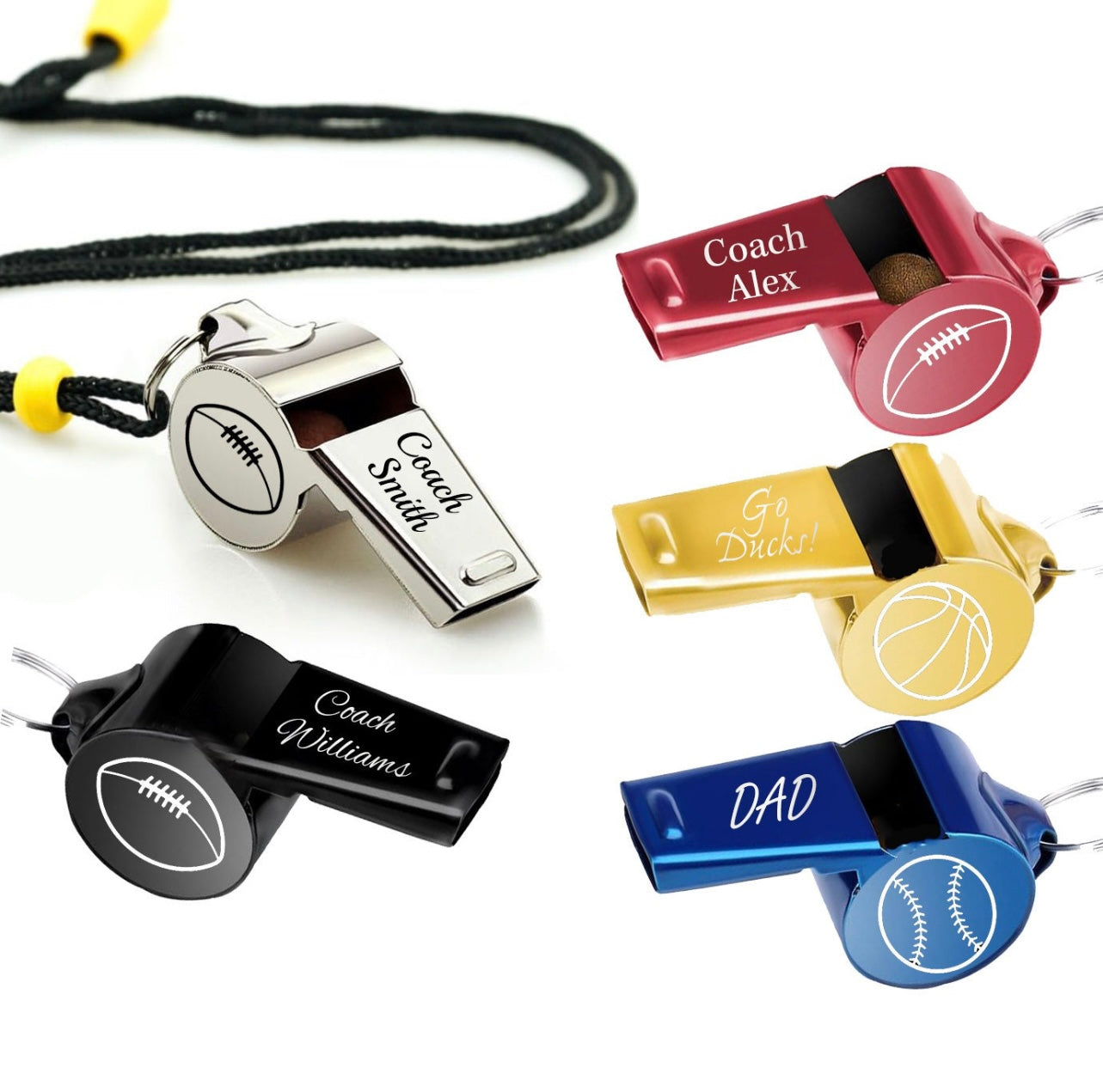 Collection of personalized sports-themed whistles on a white background