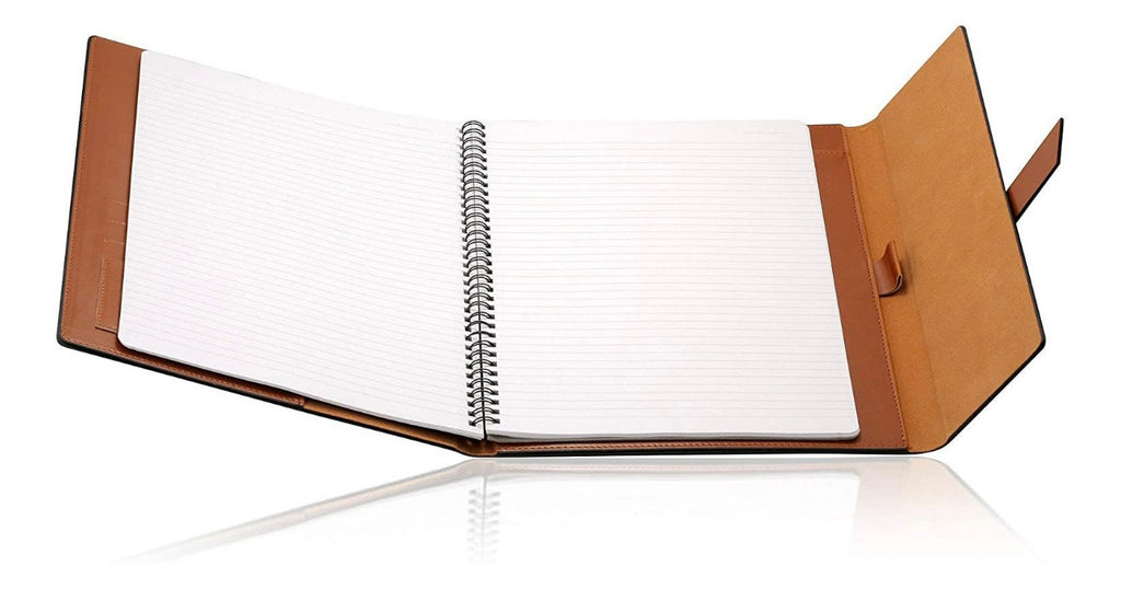Open notebook with brown leather cover on a white background