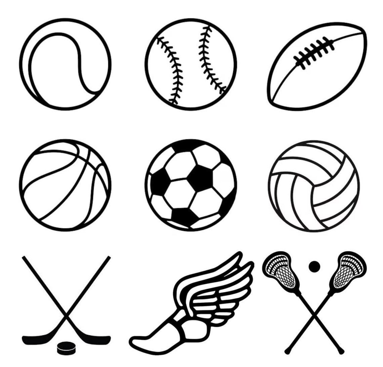 Set of black and white line drawings of various sports equipment on a white background