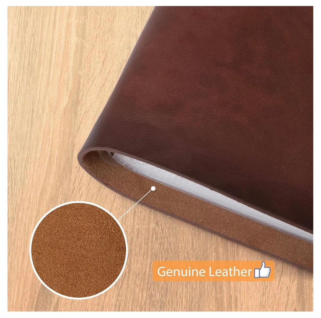 Brown leather notebook on a wooden surface with a close-up of the leather texture.
