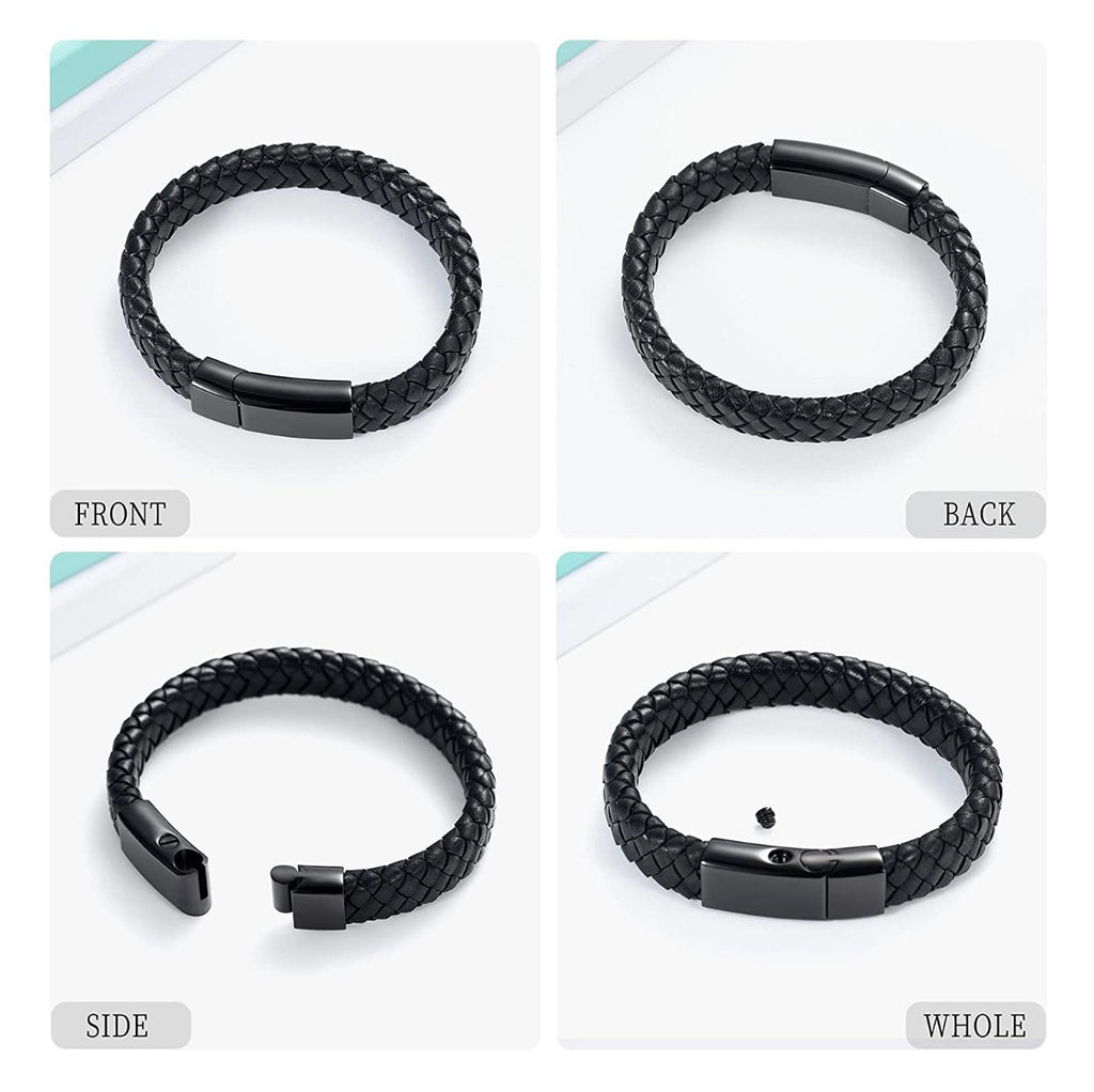 Black braided bracelet shown from front, back, side, and whole views.