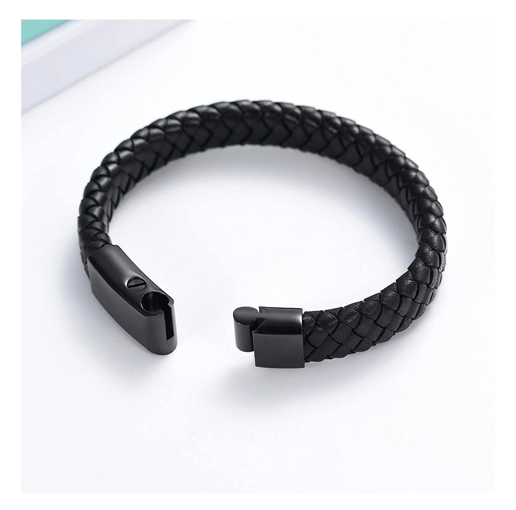 Black braided leather bracelet with a metal clasp on a white background
