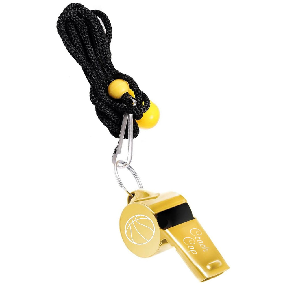 Gold whistle with black and yellow cord on a white background