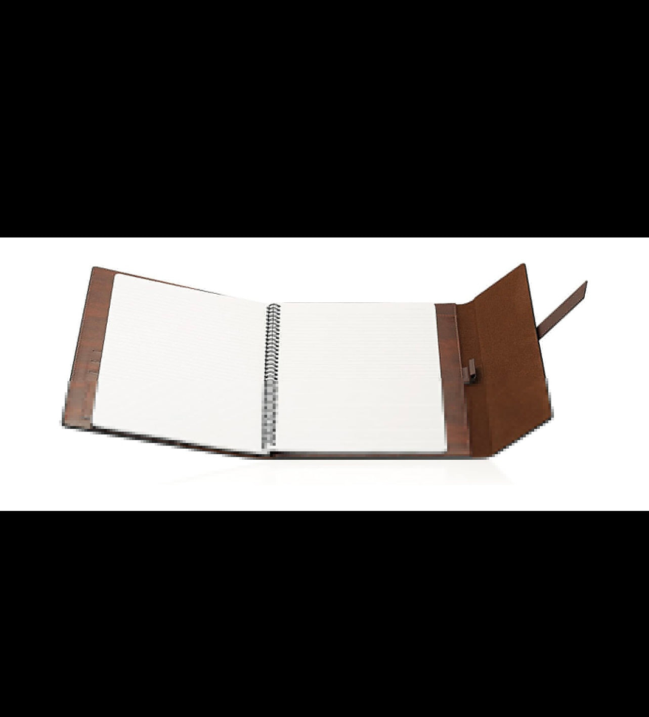 Open notebook with wooden cover on a white background