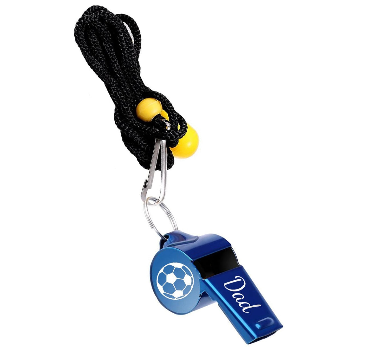 Blue whistle with 'Dad' engraving on a black lanyard with yellow beads against a white background