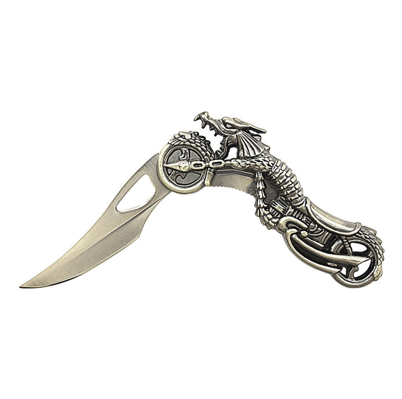Decorative metal knife with dragon design on a motorcycle