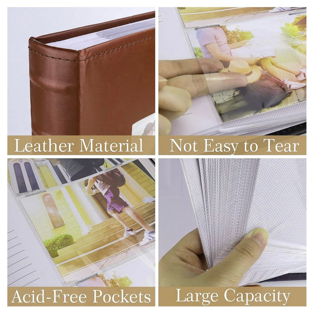 Collage of a leather photo album with text highlighting features like leather material, acid-free pockets, and large capacity.