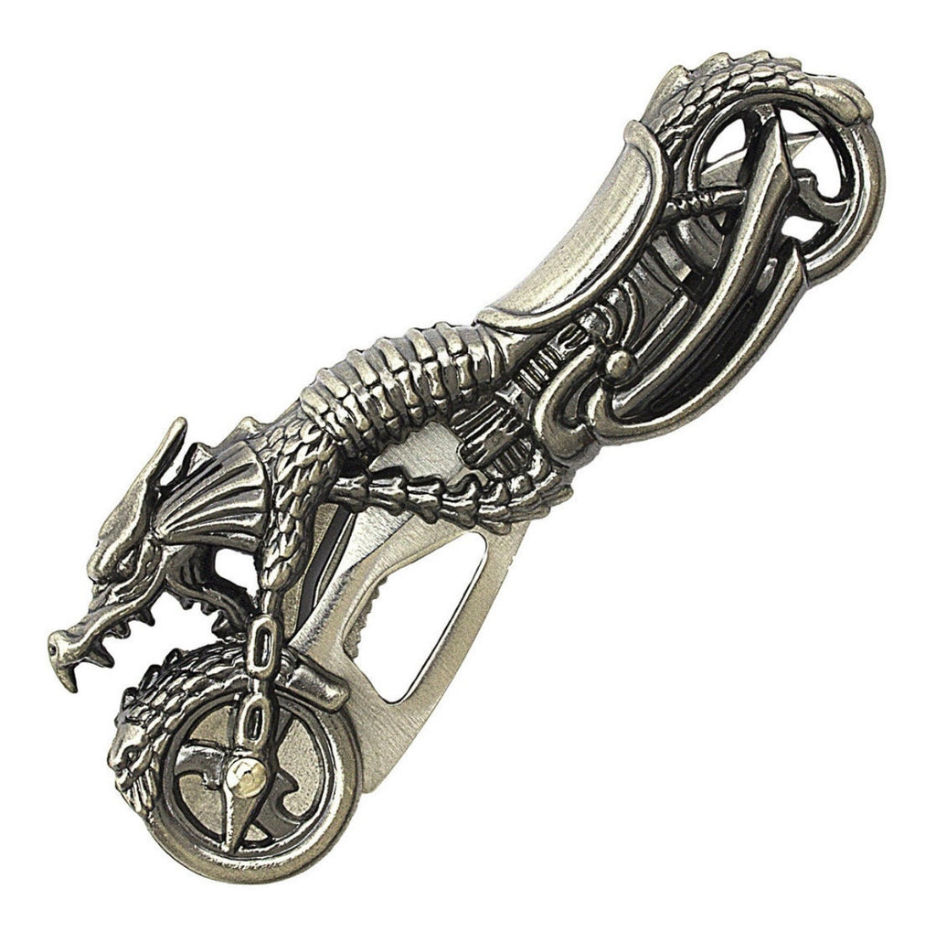 Decorative metal knife with dragon design on a motorcycle