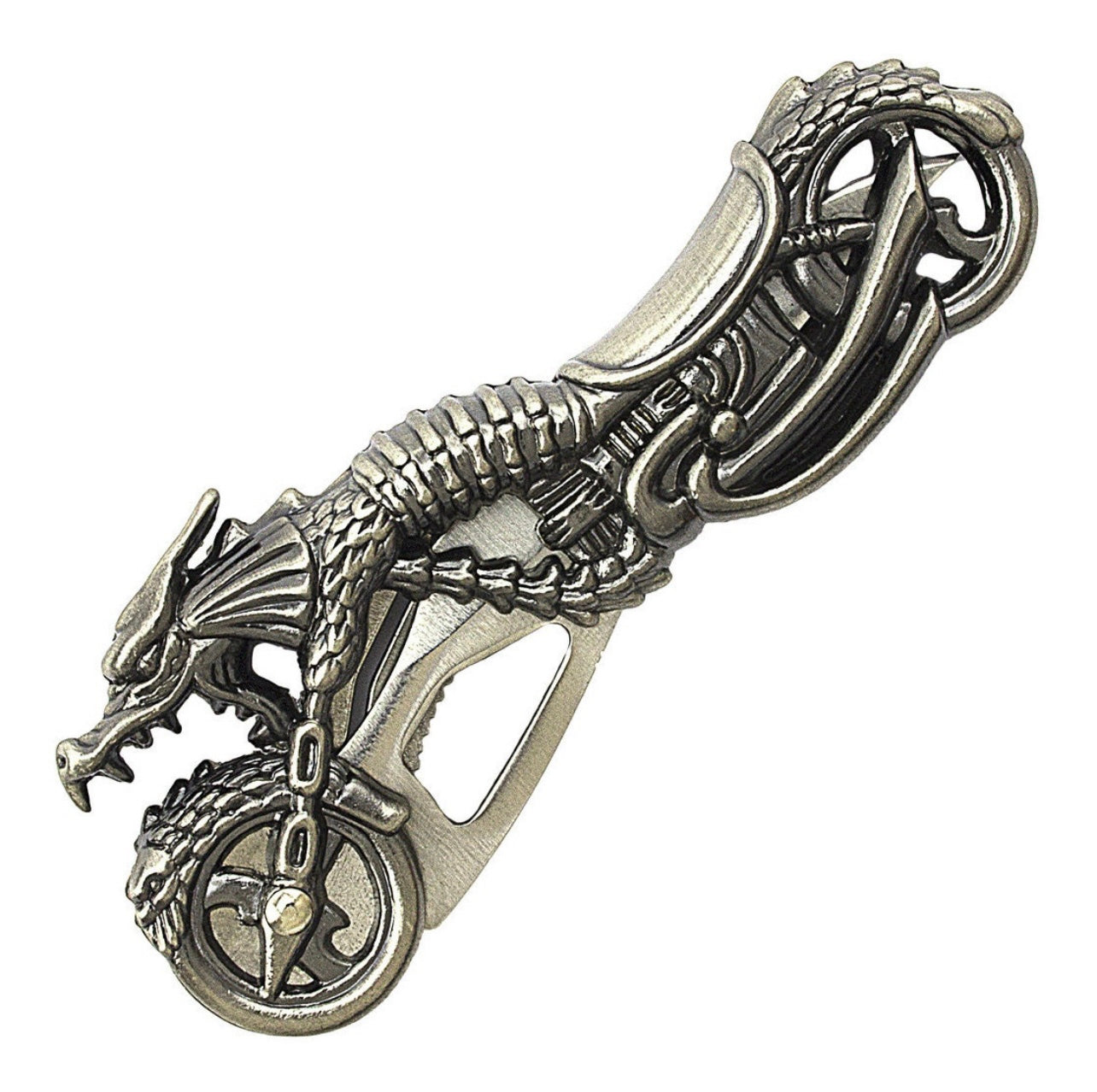 Decorative metal knife with dragon design on a motorcycle