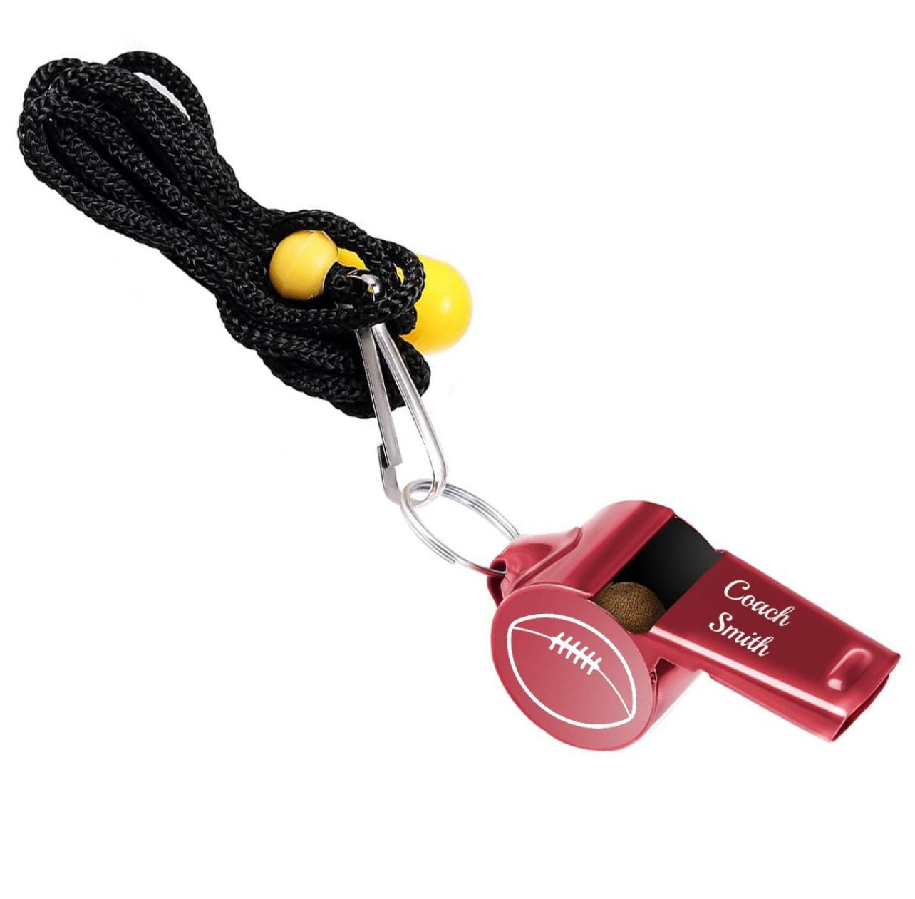 Red whistle with black lanyard and football design on a white background