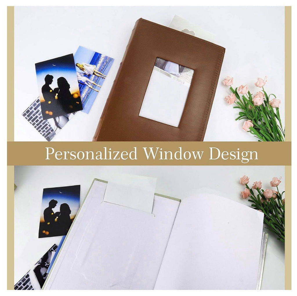 Brown photo album with window design on a white surface with photos and flowers.