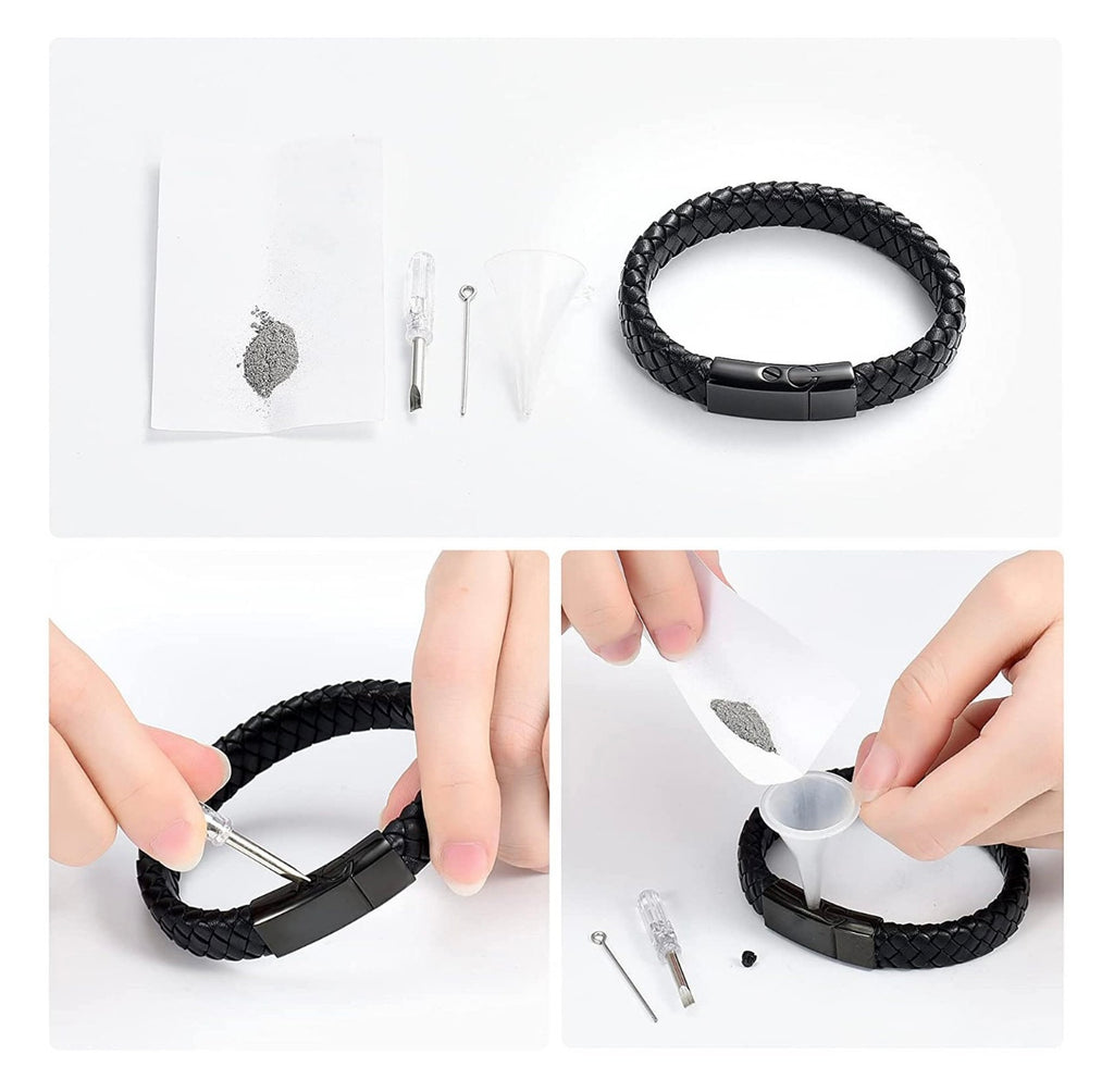 Black braided bracelet with tools on a white background