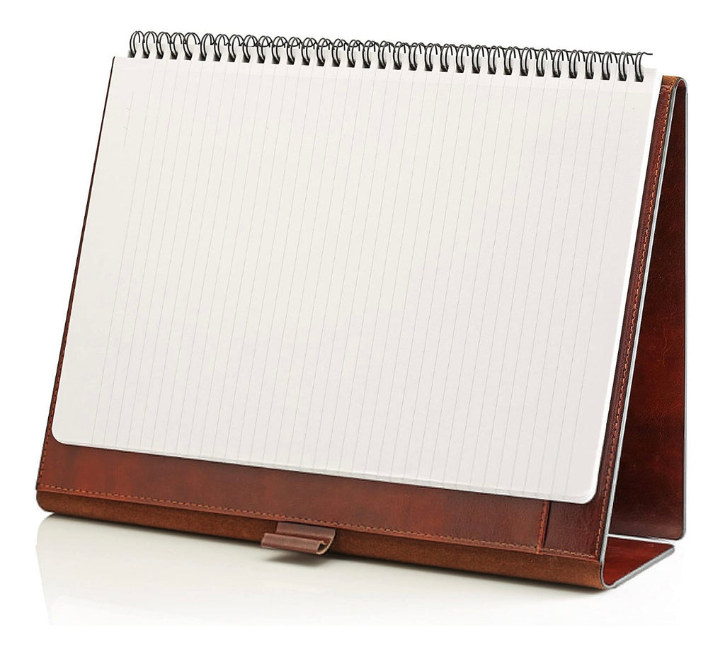 Desk calendar with brown leather cover on a white background