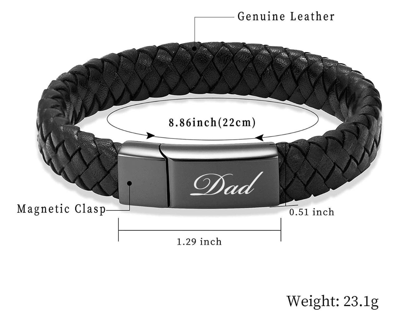 Black braided leather bracelet with magnetic clasp labeled 'Dad' and measurements on a white background.