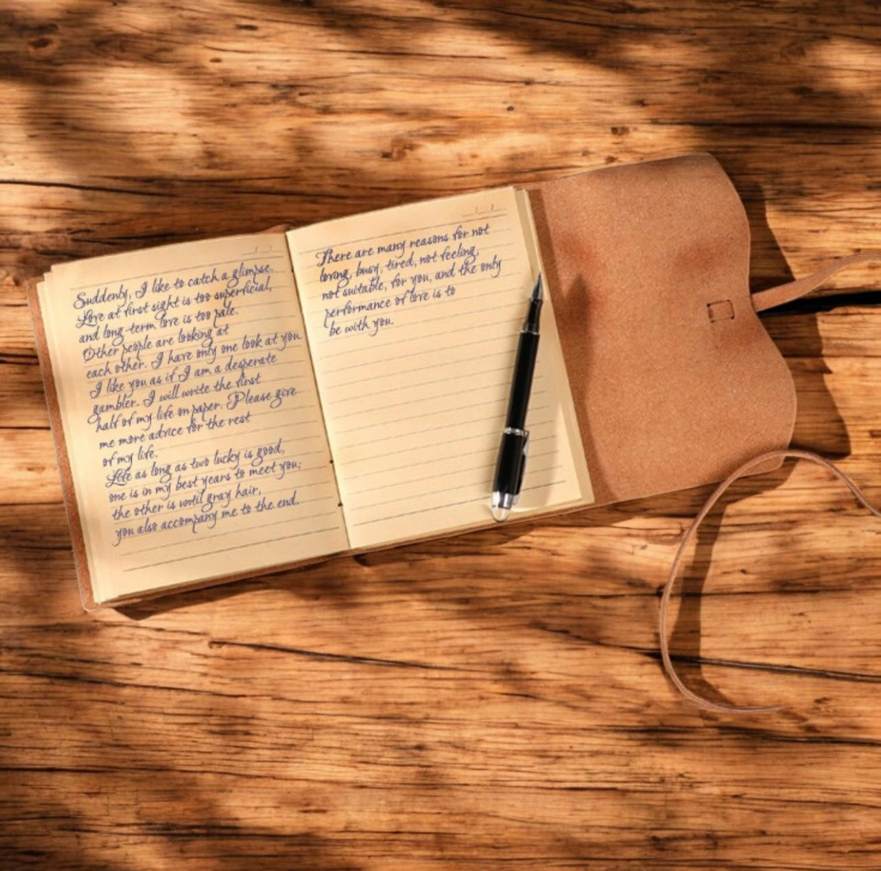 Open notebook with handwritten text on a wooden surface