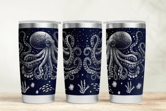 Three tumblers with octopus design on a wooden surface