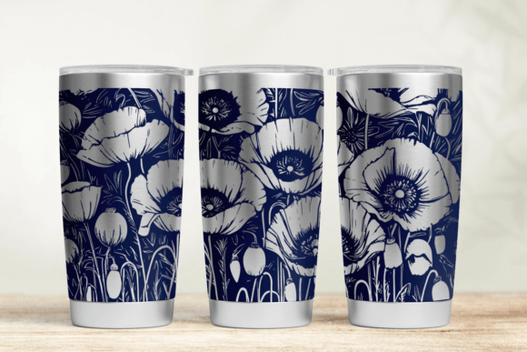 Three tumblers with floral design on a wooden surface and light background