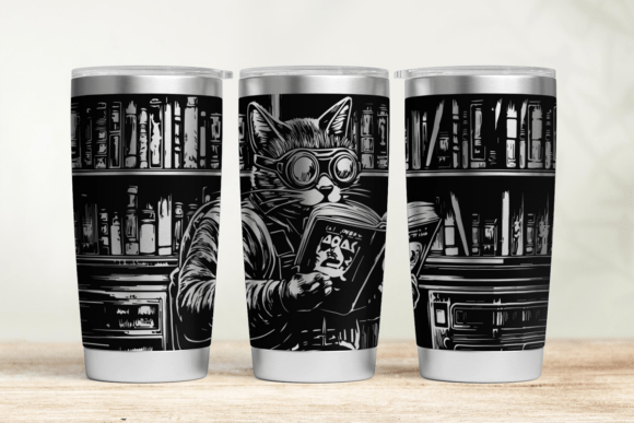 Three tumblers with a design of a cat reading a book in a library on a wooden surface.